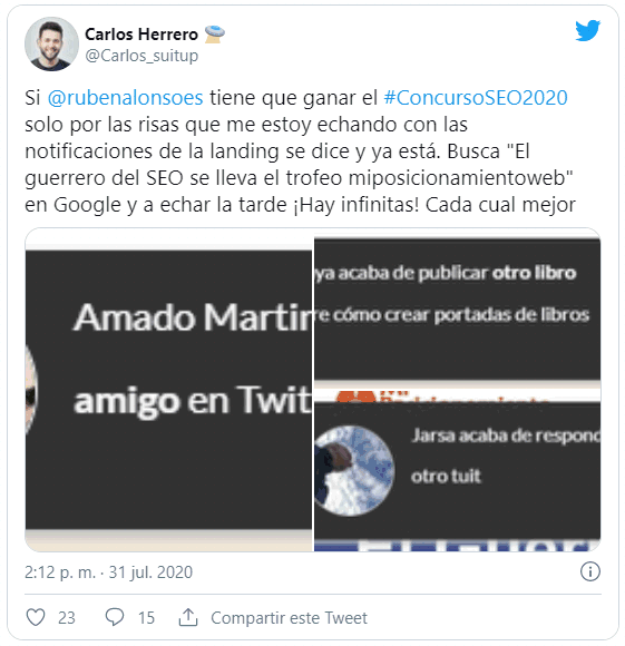 Tweet de Carlos Herrero sobre el concurso SEO