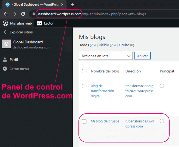 Panel de control de WordPress com